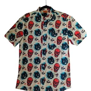 Red and Blue Skull And Cat Print Casual Shirt By Beistle - S